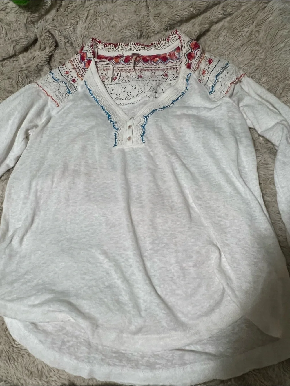 Free People White Long Sleeve Embroidered Crochet Yoke Top